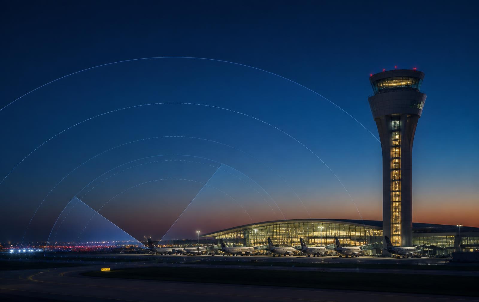Airport control tower and airfield under a wide sky