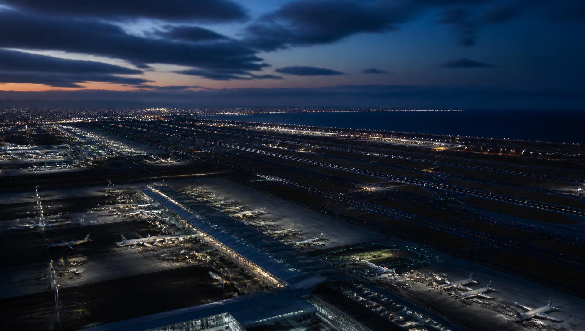 Aerial view of an international airport at dusk